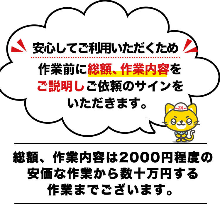 安心してご利用いただくため作業前に総額、作業内容をご説明しご依頼のサインをいただきます。総額、作業内容は2000円程度の安価な作業から数十万円する作業までございます。
